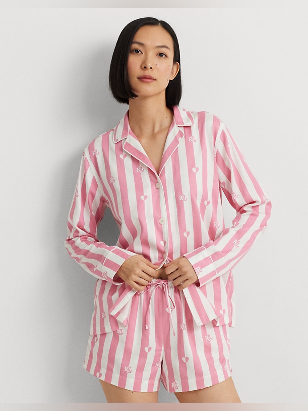 Lauren Ralph Lauren Logo Striped Sateen Boxer Sleep Set in a pink and white